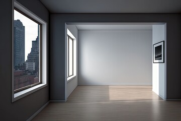 Canvas Print - empty room, with view of busy street scene in the distance, created with generative ai