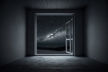 Poster - empty room with view of the night sky, starry and dark, created with generative ai