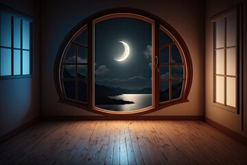 Canvas Print - empty room, with view of the moon and stars, in warm and peaceful night, created with generative ai