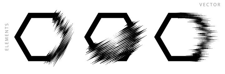 Wall Mural - Set of Hexagonal Graphic Elements. Glitch Halftone Texture. Vector Monochrome Illustration.