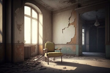 Sticker - empty room with broken or missing furniture, in dilapidated and abandoned building, created with generative ai