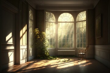 Wall Mural - empty room, with view of beautiful garden, and sunlight shining through the windows, created with generative ai