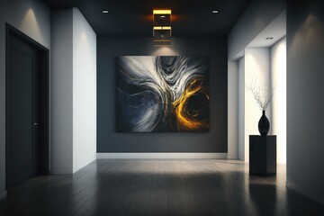 Poster - empty room with abstract art and mood lighting, creating a sophisticated and relaxing atmosphere, created with generative ai