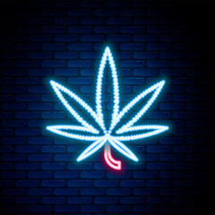 Sticker - Glowing neon line Medical marijuana or cannabis leaf icon isolated on brick wall background. Hemp symbol. Colorful outline concept. Vector