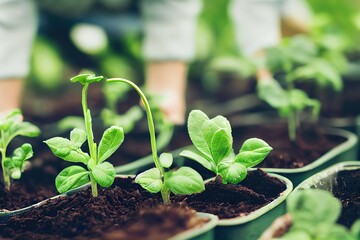 Wall Mural - A fresh sprouts in a pot macro shot, young green leaves., created with generative ai