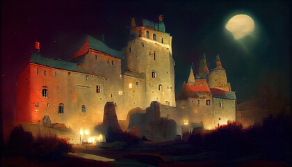 Poster - Fantasy beautiful kingdom castle for fairy tale background digital illustration., created with generative ai