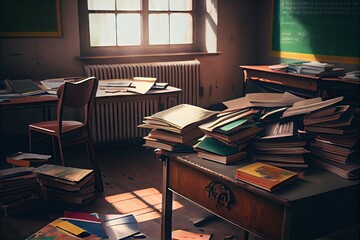 Poster - empty school classroom, with books and supplies neatly arranged on desks, ready for the next day of learning, created with generative ai