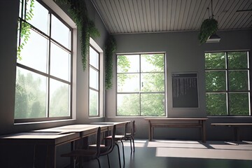 Sticker - empty school classroom, with view of the outdoors and greenery visible through the windows, created with generative ai