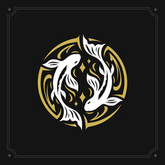 Wall Mural - pisces zodiac mythology horoscope art deco symbol vintage black card design vector illustration