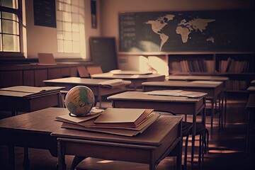 Wall Mural - empty school classroom, with books and supplies neatly arranged on desks, ready for the next day, created with generative ai