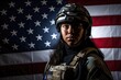 © jordi - American soldier holding a rifle with the national flag of the united states hanging in the background. AI generated illustration