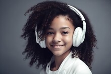 African American Child Girl Hair In White ,wearing Big Headphones Listening To Music And Smiling Generative Ai