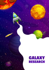Poster - Space landing page, rocket launch and galaxy planets. Vector background with rocket flying in fantasy alien cosmic world with planets or stars. Spacecraft engine travel in Universe, futuristic journey
