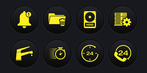 Poster - set water tap, server setting, stopwatch, clock 24 hours, hard disk drive hdd and delete folder icon