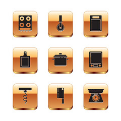 Wall Mural - Set Gas stove, Wine corkscrew, Meat chopper, Cooking pot, Cutting board, Scales and Pizza knife icon. Vector