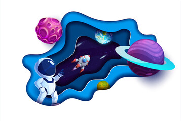 Poster - Space paper cut, cartoon astronaut, rocket and galaxy , planets, vector cut out layers background. Space shuttle or spaceship and spaceman in spaceflight to galaxy planets in papercut starry sky