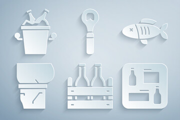 Wall Mural - Set Pack of beer bottles, Dried fish, Beer belly, menu, Bottle opener and in ice bucket icon. Vector