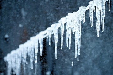 Sticker - Melting small transparent icicles on house on wire on blurred background., created with generative ai