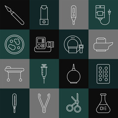 Wall Mural - Set line Test tube and flask, Pills in blister pack, Bedpan, Medical digital thermometer, Blood pressure, Petri dish with bacteria, surgery scalpel and Tomography icon. Vector