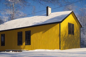 Sticker - Icicles on yellow house in snow on sunny day., created with generative ai