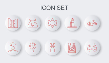 Sticker - Set line Earrings, Spanish woman, Sun, Sagrada Familia, Algar waterfall, Bull, Omelette frying and Windmill icon. Vector