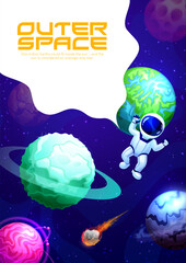 Poster - Cartoon space landing page, galaxy planets and spaceman in sky, vector background. Galaxy universe website or web page and landing page template with cosmic astronaut in starry sky with meteorites