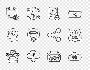 Sticker - Set line Car sharing, Music streaming service, Hard disk drive with clockwise, Cloud download music, Financial calendar, and Methane emissions reduction icon. Vector