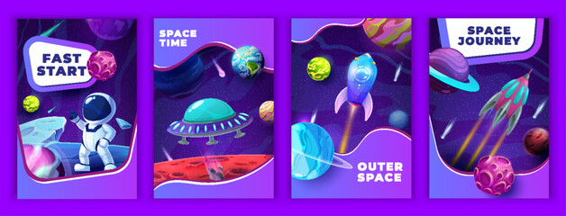 Poster - Cartoon space posters, galaxy rockets, astronaut spaceship and planets, vector background. Space fantasy posters with spaceman on alien planet, UFO starship and spaceship in spaceflight to planets