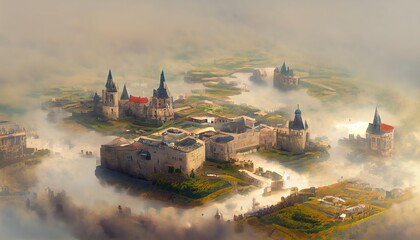 Poster - Beautiful nature landscape and medieval castle high angle view background digital illustration., created with generative ai