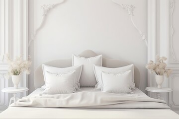 Canvas Print - Vintage architecture interior design concept, white table, desk, or shelf with five soft white pillows in the shapes of stars or flowers, above traditional vacant bedroom with double soft bed