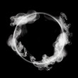 © Sergie - White smoke whirlpool with empty circle frame inside on black background, Generative AI. White smoke circle. Magic smoke or mist ring frame. Blank space frame in white smoke clouds.