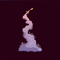 Poster - Cartoon rocket smoke trail, spaceship launch with fire tail cloud, vector. Space rocket start up fire and smoke trails, missile warhead blast or galaxy spacecraft engine tail of smoke cloud