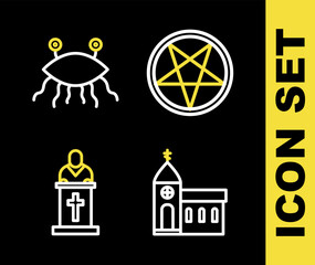 Sticker - Set line Pentagram in a circle, Church building, pastor preaching and Pastafarianism icon. Vector