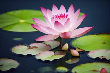 Poster - Beautiful flowers pink lotus water lily on water with leaves., created with generative ai