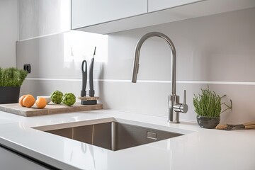 Sticker - modern sink with white countertop in the kitchen,. Generative AI