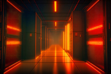 Wall Mural - The warm amber ambiance in a data center corridor emphasizes rack servers and supercomputers projecting intricate internet connection visualizations