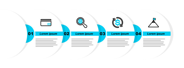 Poster - Set line Mountains and flag, Return of investment, Magnifying glass dollar and Credit card icon. Vector