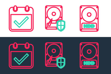 Poster - set line hard disk drive hdd, calendar with check mark and protection icon. vector