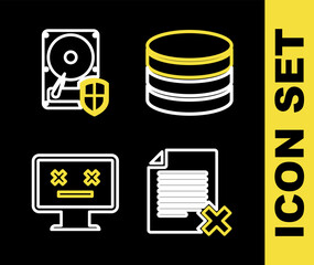 Poster - Set line Database, Delete file document, Dead monitor and Hard disk drive HDD protection icon. Vector