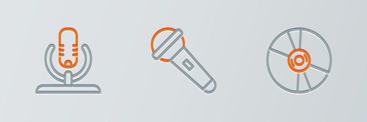 Poster - set line cd or dvd disk, microphone and icon. vector