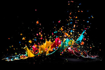 Wall Mural - Abstract multi color paint explosion on black background. Colorful paint splashes on black background. Multicolor paint blast texture. Generative AI colorful paint spray on black.