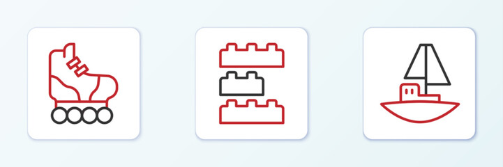 Poster - Set line Toy boat, Roller skate and building block bricks icon. Vector