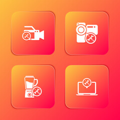Poster - Set Video camera service, , Blender and Laptop icon. Vector