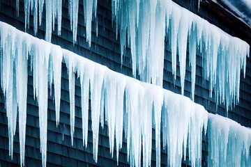 Sticker - Long sharp white icicles on rooftop house on dark background., created with generative ai