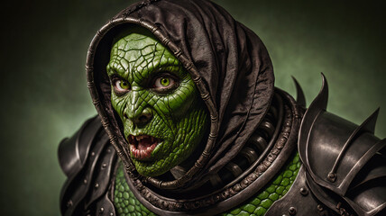 very detailed closeup of medieval male humanoid alien reptilian warrior with scary angry face and green skin in gothic armor with brown hoodie on head, generative AI