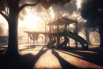 Canvas Print - empty playground surrounded by towering trees, with the sun filtering through the branches, created with generative ai