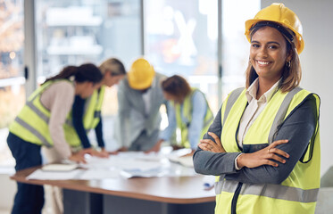 Canvas Print - Proud engineering portrait of woman with project management, industry mindset and development goals in office. Happy construction worker, industrial contractor or indian person in architecture career