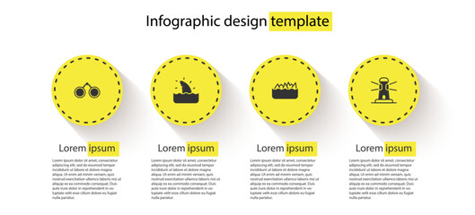 Sticker - Set Binoculars, Shark fin ocean wave, Sharp stone reefs and Lighthouse. Business infographic template. Vector