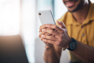 Poster - Closeup, hands and man with cellphone, typing and network signal for social media, online reading and search internet. Zoom, hand and male with smartphone, connection and mobile application for info