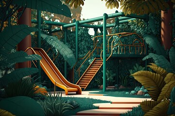 Canvas Print - a playground with slides and monkey bars surrounded by lush greenery, created with generative ai